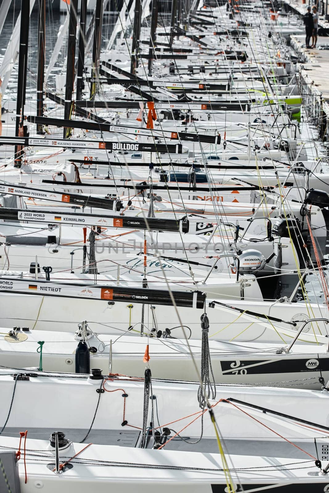 Monaco, Monte-Carlo, 18 October 2022: many sailing boats of the World Championship of J70 class participants stand in a row waiting for the wind for the stage of the sailing race by vladimirdrozdin