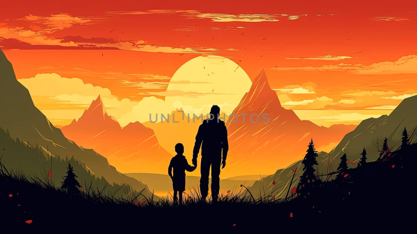 Embark on a heartwarming journey with an illustration of a father holding his childs hand against a mountainous backdrop. A touching Fathers Day concept full of love and adventure.