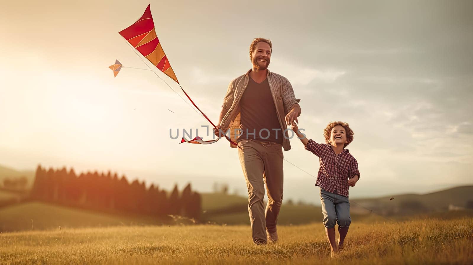 Experience the joy of fatherhood with an endearing scene as a little son and father bond over flying a kite, embodying the spirit of Fathers Day celebration.