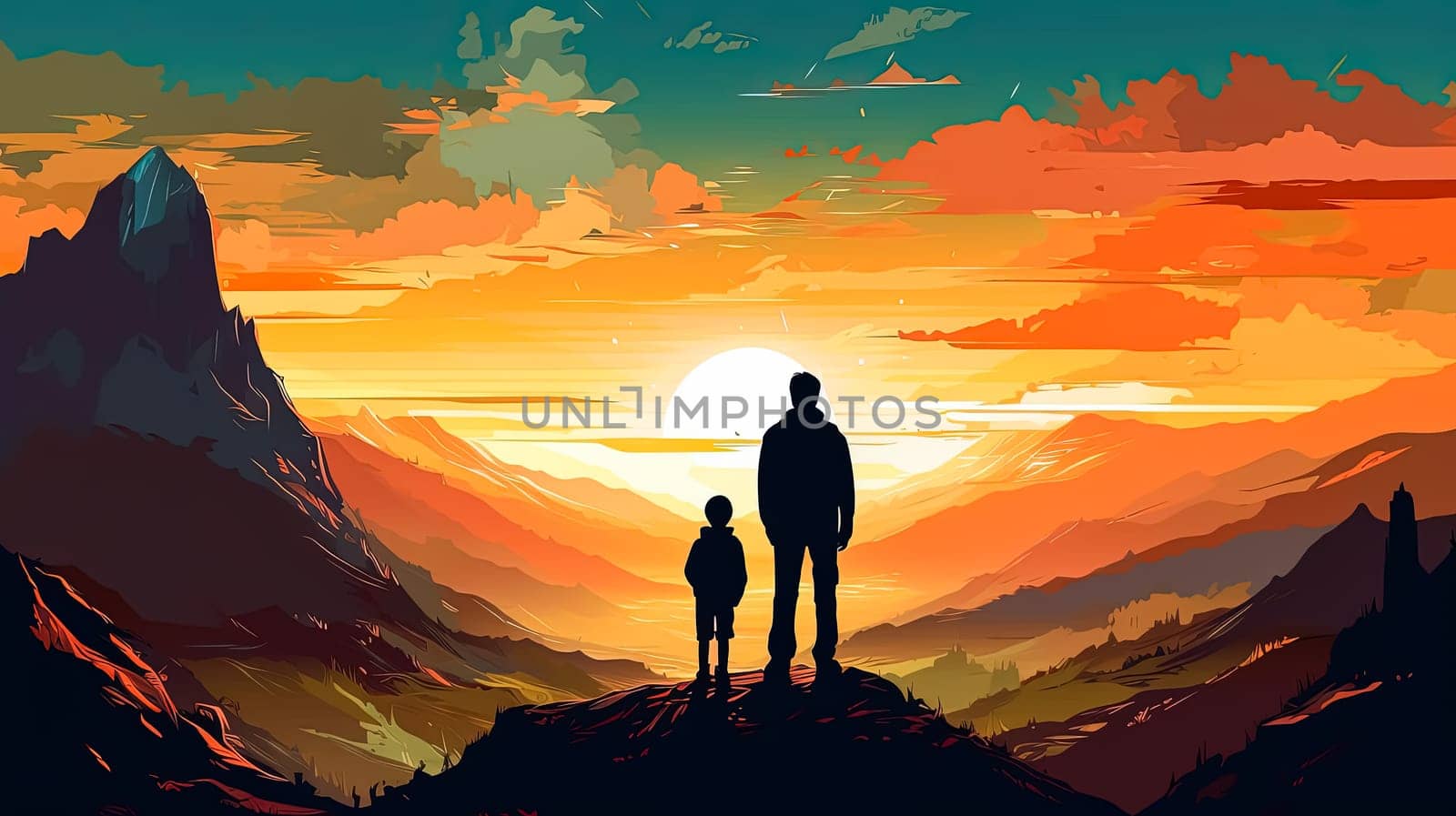 Embark on a heartwarming journey with an illustration of a father holding his childs hand against a mountainous backdrop. A touching Fathers Day concept full of love and adventure.