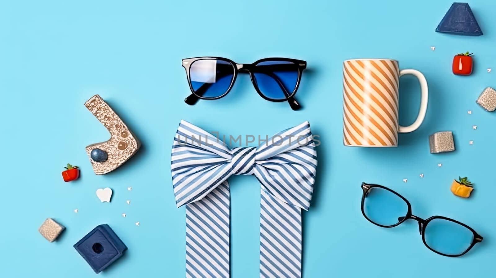 a gift box, necktie, and glasses elegantly arranged on a pastel blue background. by Alla_Morozova93