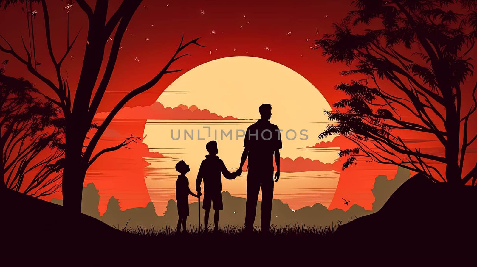 illustration of a father, children, and wife against a sunset backdrop by Alla_Morozova93