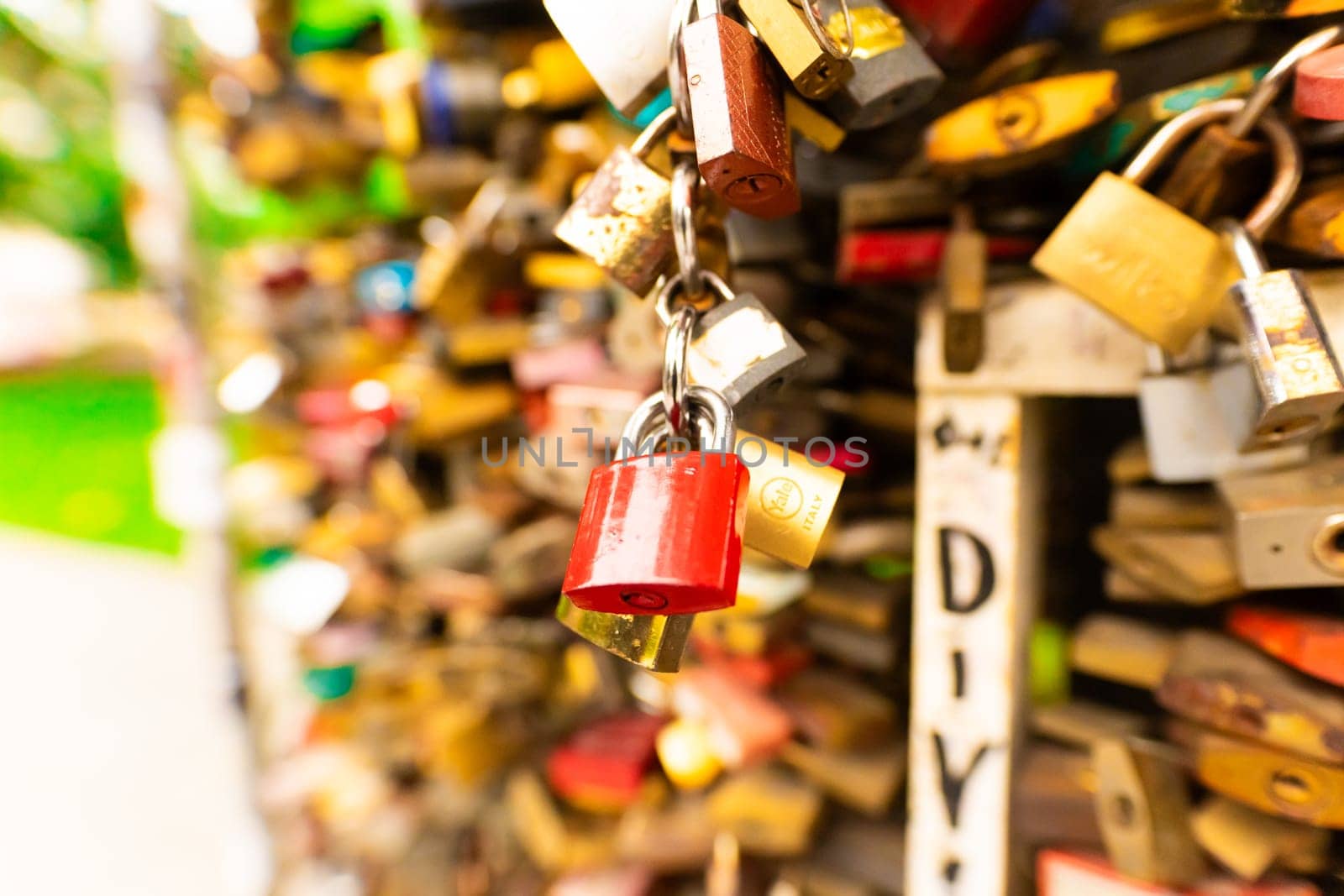 Budapest, Hungary - June 30, 2023: Wedding locks at a city park