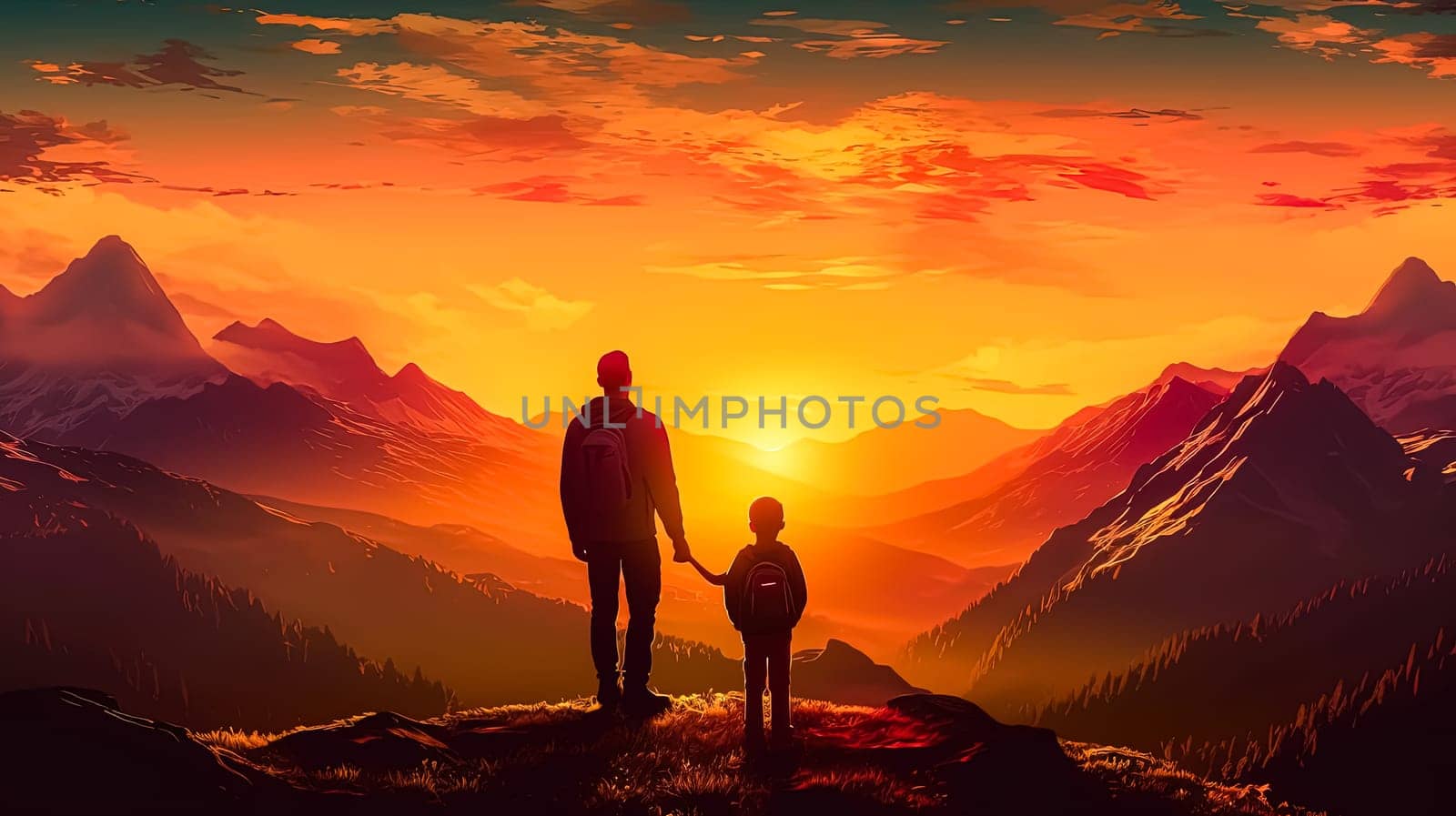 illustration of a father holding his child's hand against a mountainous backdrop by Alla_Morozova93