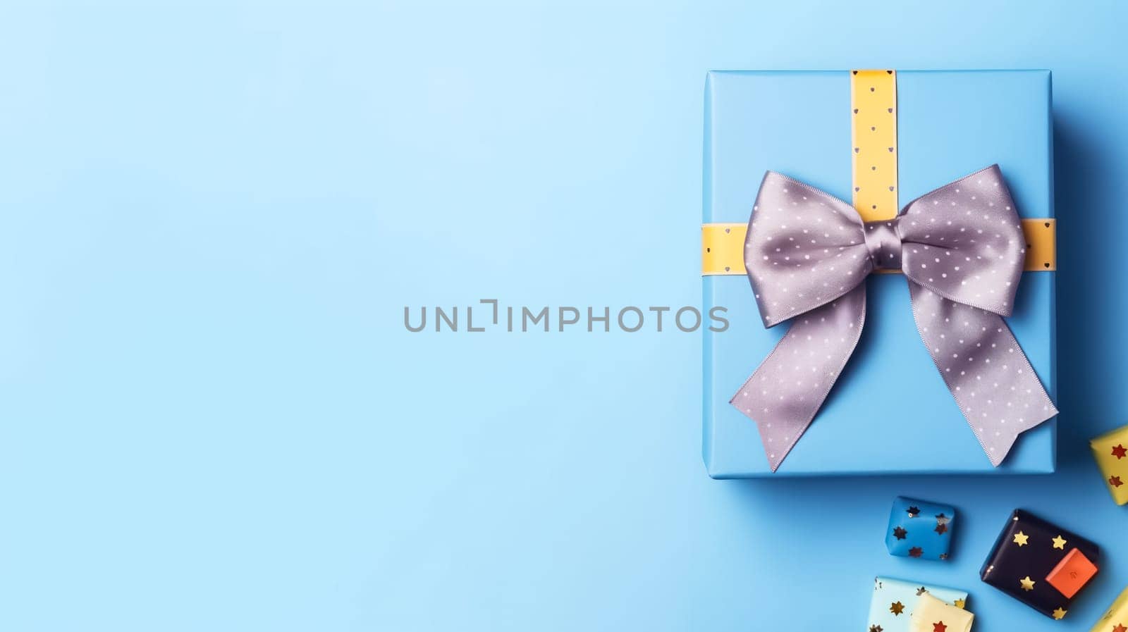 Celebrate Fathers Day in style with a gift box, necktie, and glasses elegantly arranged on a pastel blue background. A tasteful flat lay capturing the essence of appreciation.