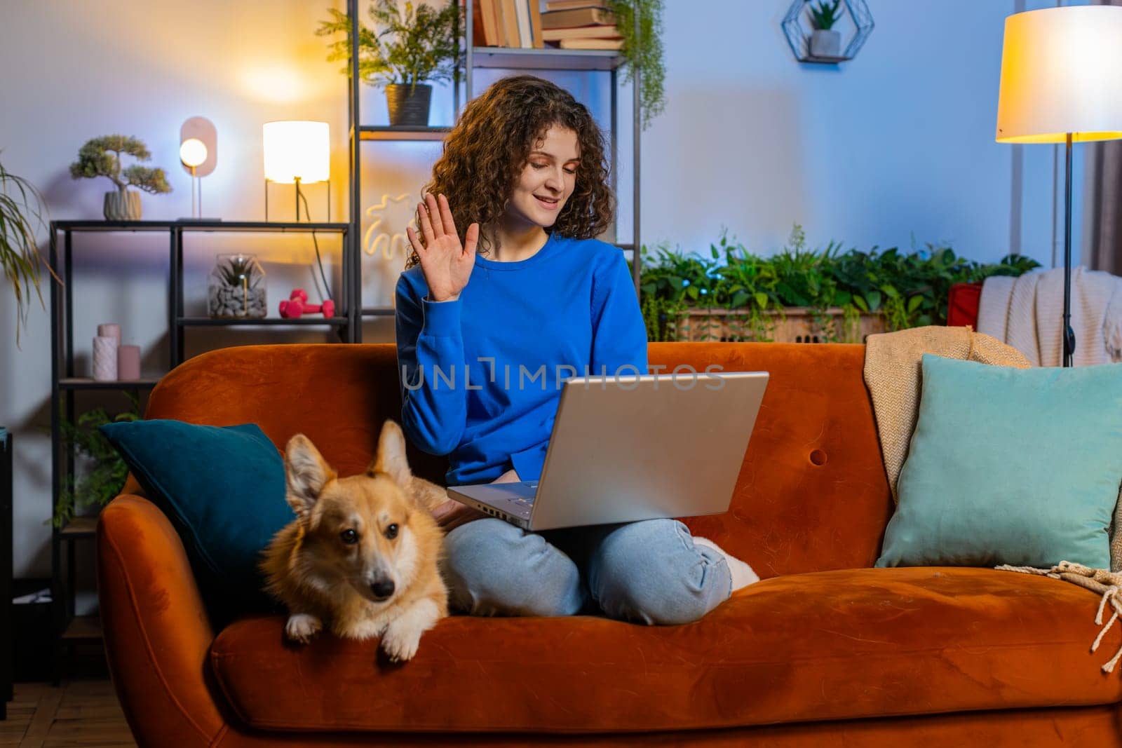 Happy woman opening laptop and working remotely waving hello online video call sitting beside corgi dog on sofa in living room. Beautiful female girl freelancer smiling and using netbook at home