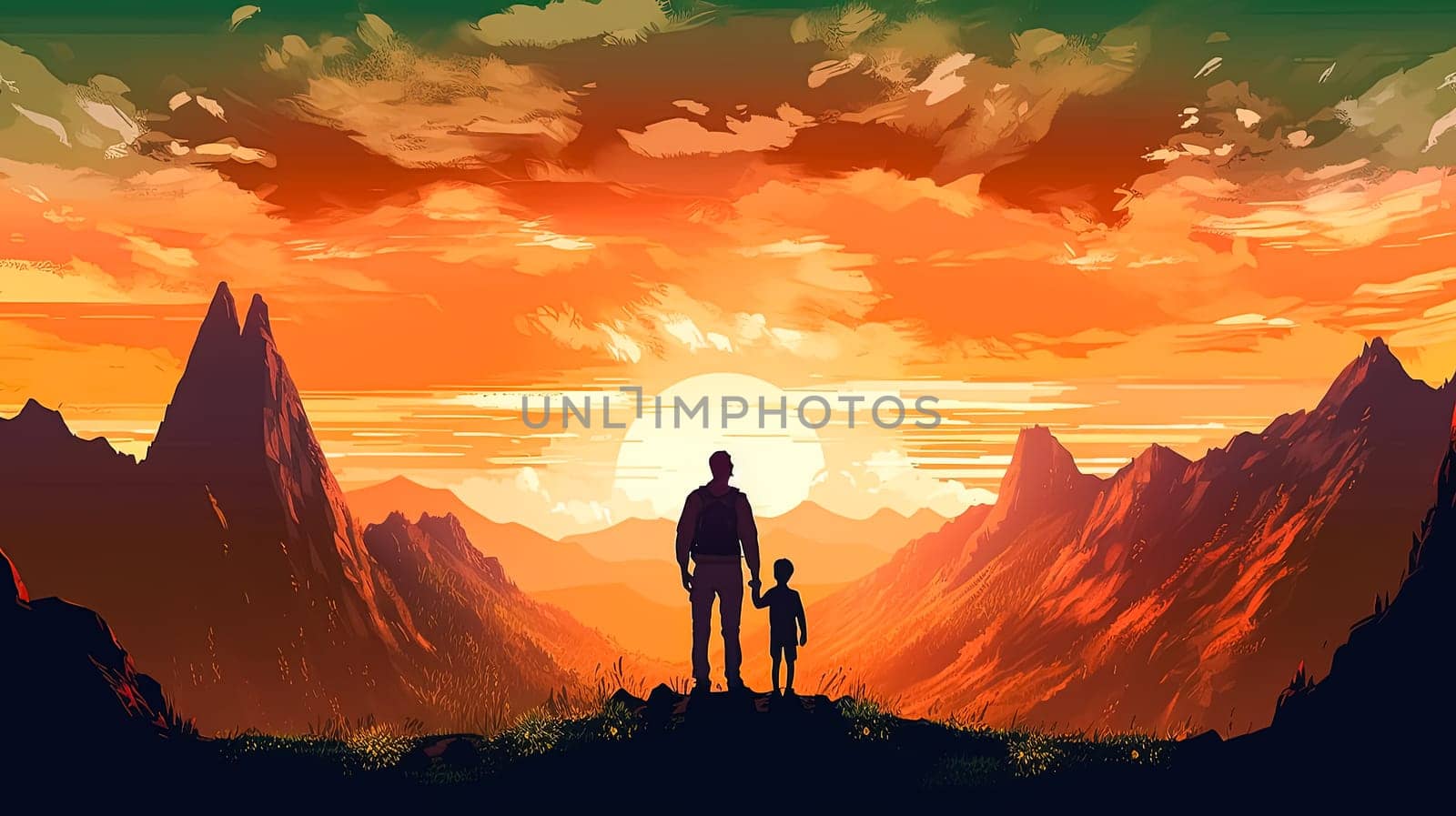 illustration of a father holding his child's hand against a mountainous backdrop by Alla_Morozova93