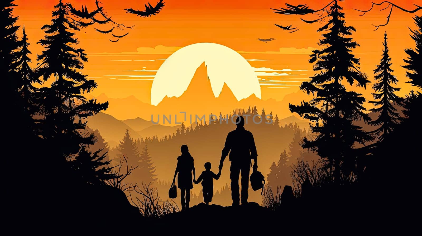 illustration of a father holding his child's hand against a mountainous backdrop by Alla_Morozova93