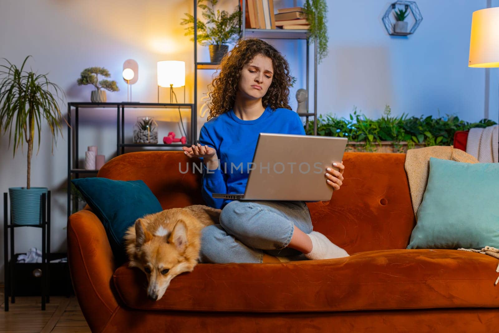 Angry upset young woman with curly hair using laptop netbook receiving bad news while sits on sofa in living room at home. Displeased female girl freelancer sitting restlessly on couch in apartment.