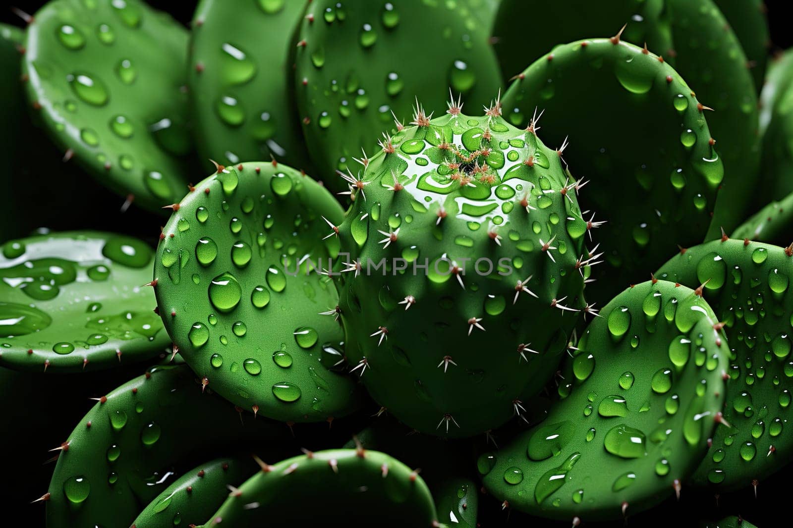 Close-up texture of a cactus with spines in water droplets.