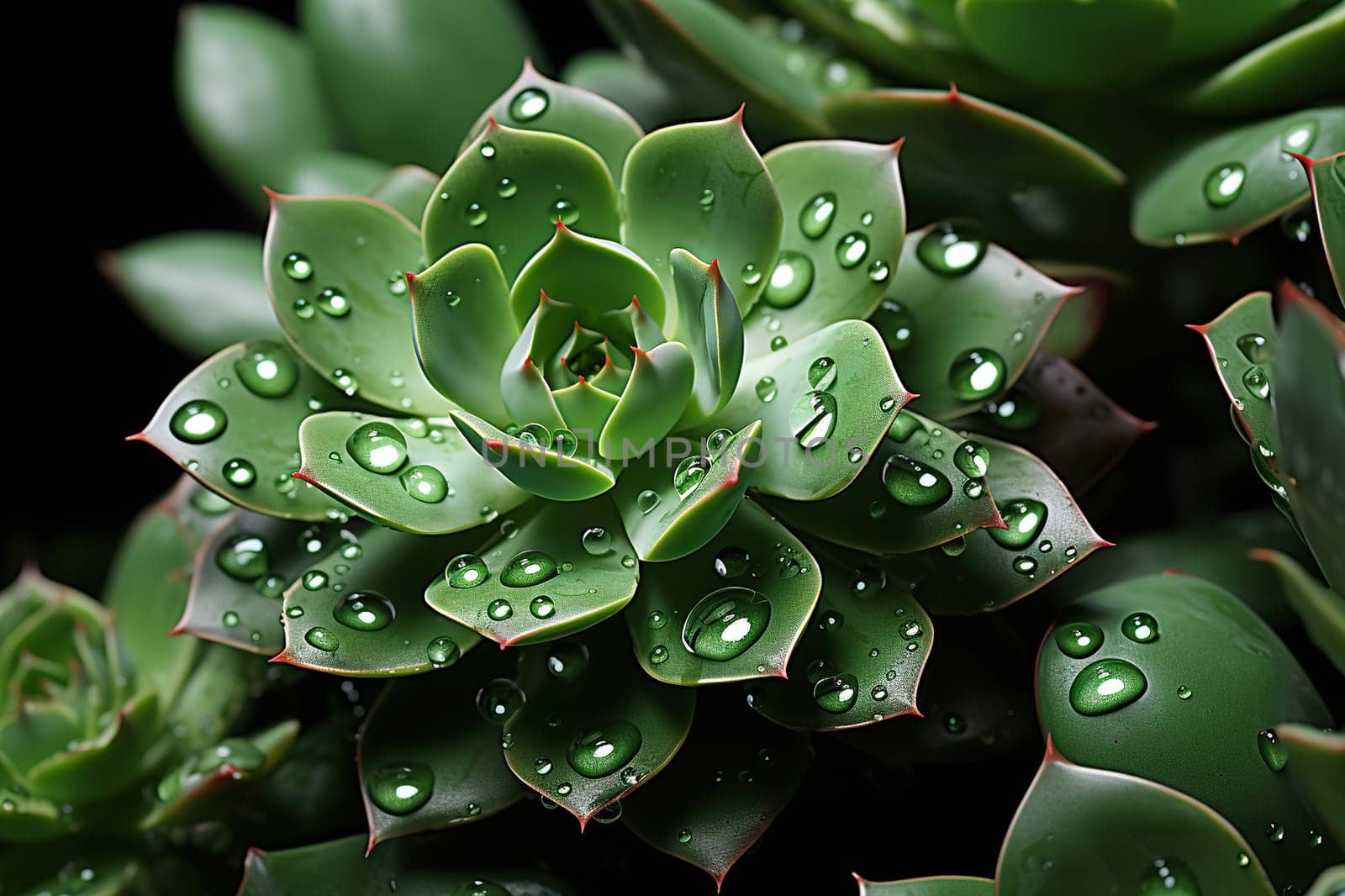 Close-up of a green succulent in water droplets.