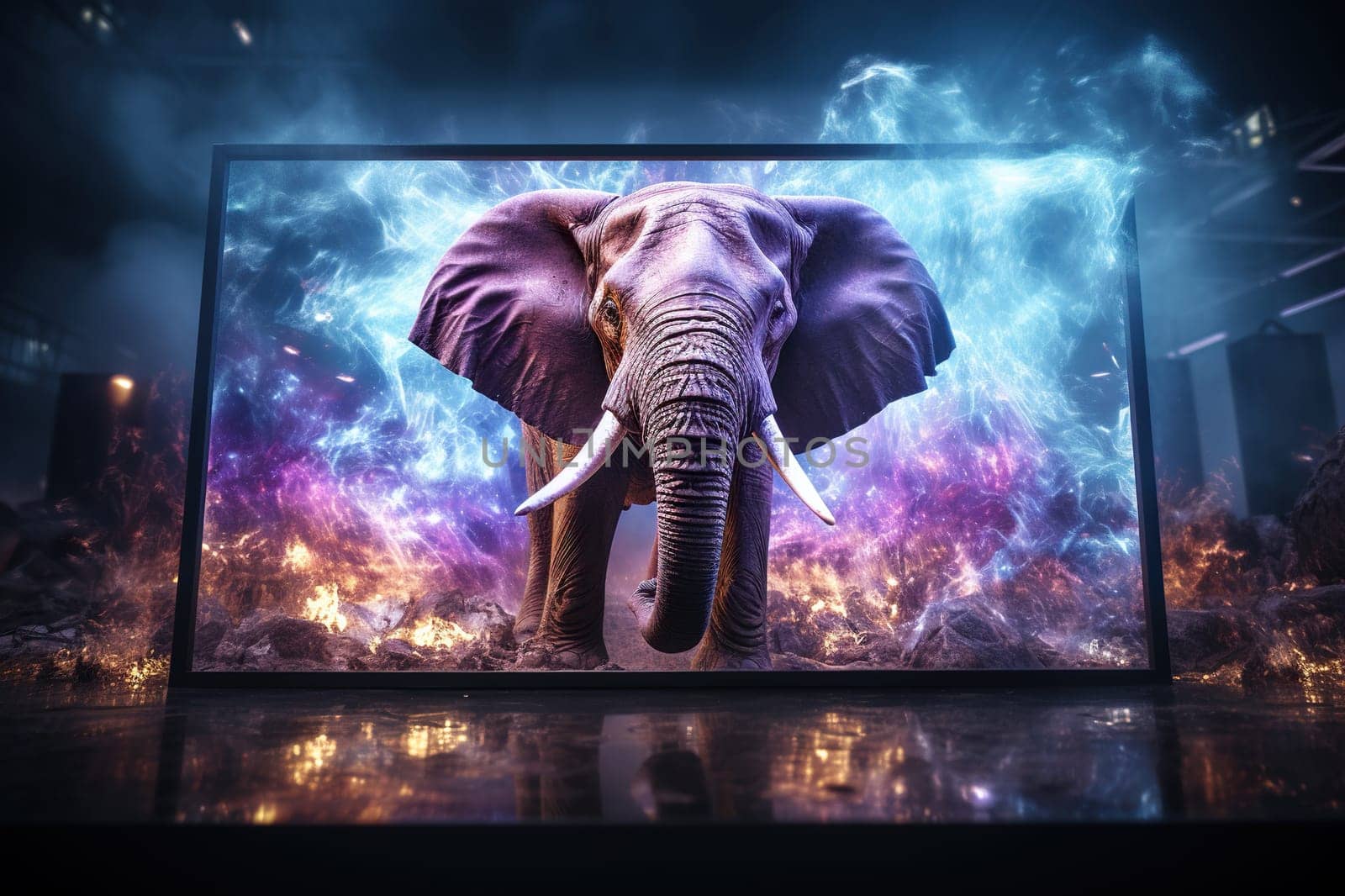 An elephant emerges from the screen of a modern TV. Generated by artificial intelligence by Vovmar