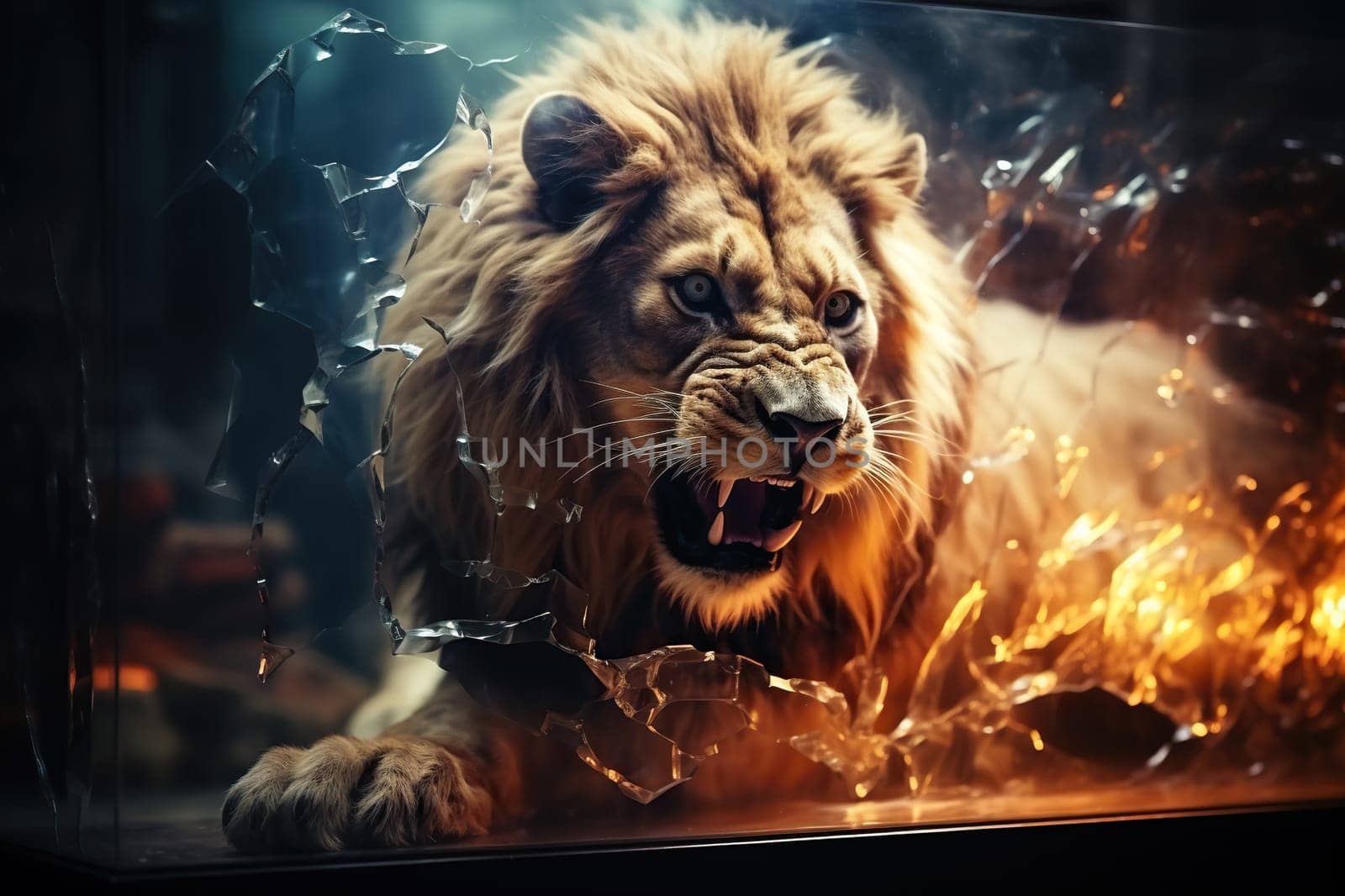 A lion grins at the cracked TV screen. Generated by artificial intelligence by Vovmar