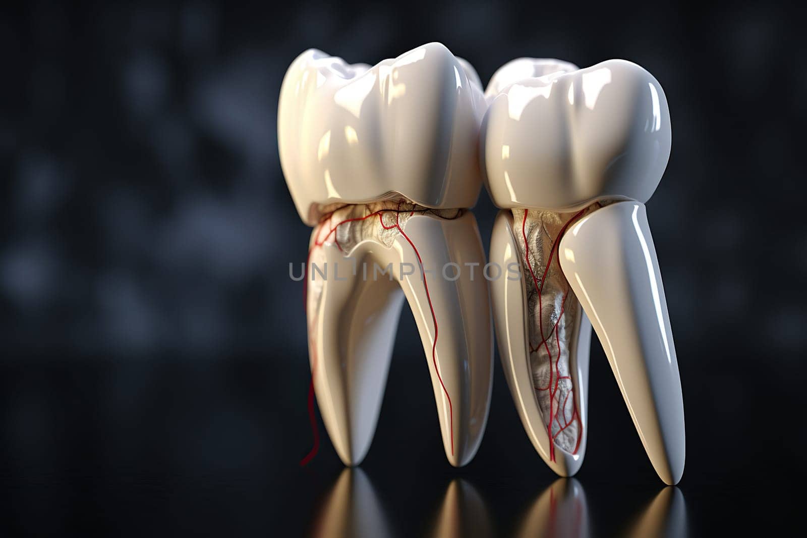 3D model of teeth. Model of a tooth with caries on a dark background.
