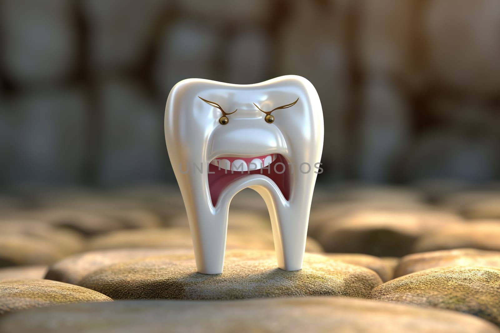 3D tooth with an image of fear on the face. Fear of dentists concept. Cartoon illustration. Generated by artificial intelligence by Vovmar