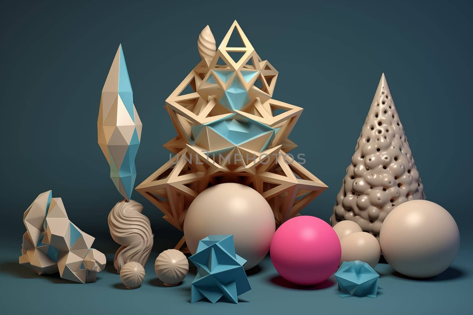 A collection of various 3D geometric shapes, featuring different textures and sizes