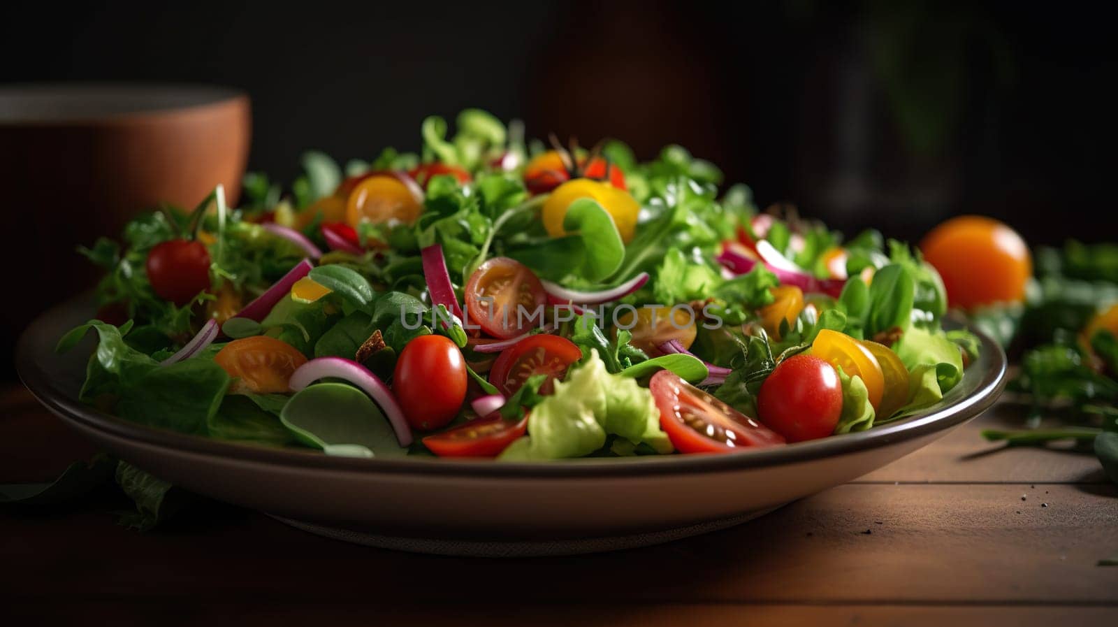 Colorful mixed salad with lush greens and ripe tomatoes on a wooden table - Generative AI