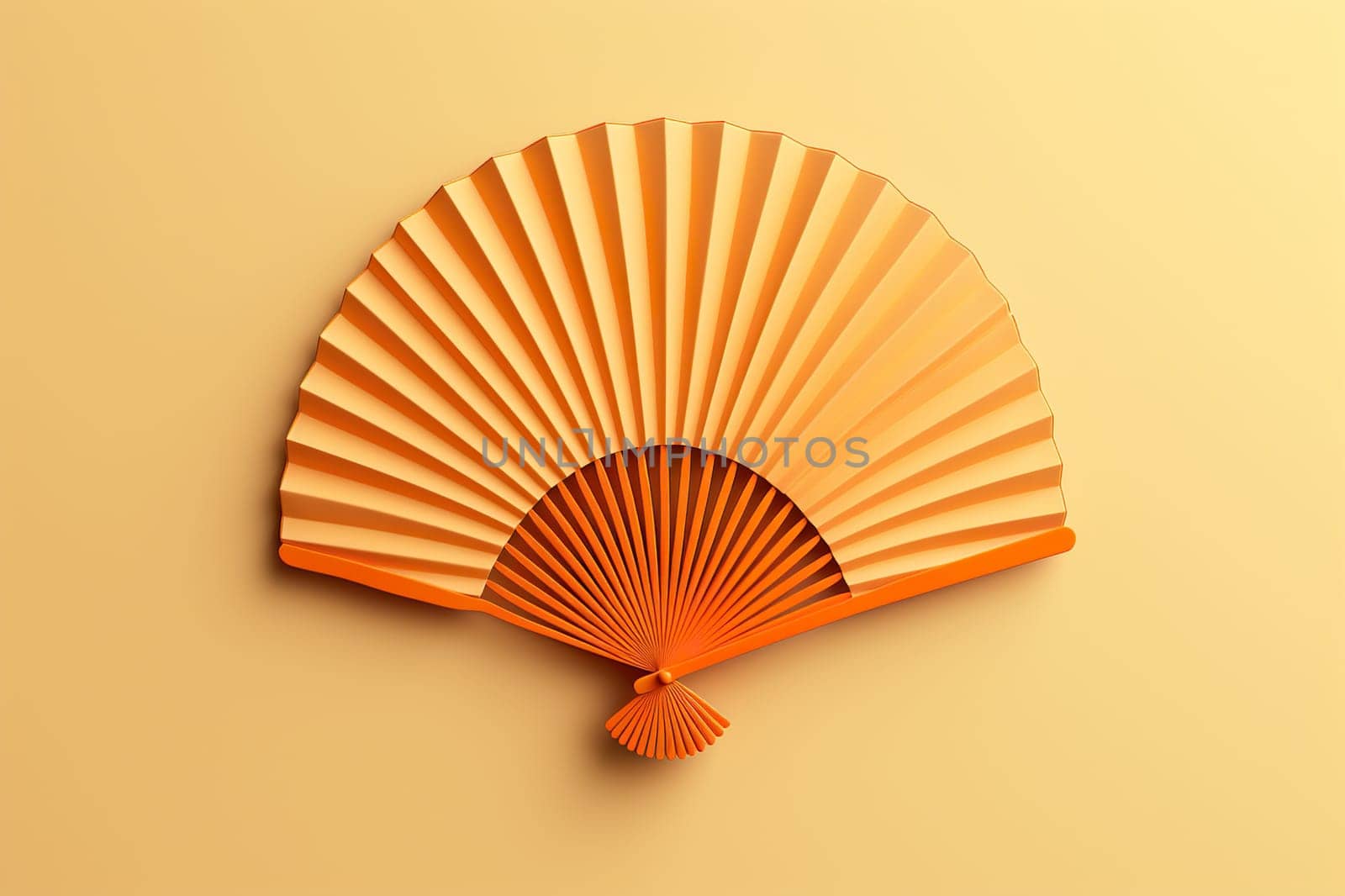 Wooden orange open fan on a light background. Generated by artificial intelligence by Vovmar