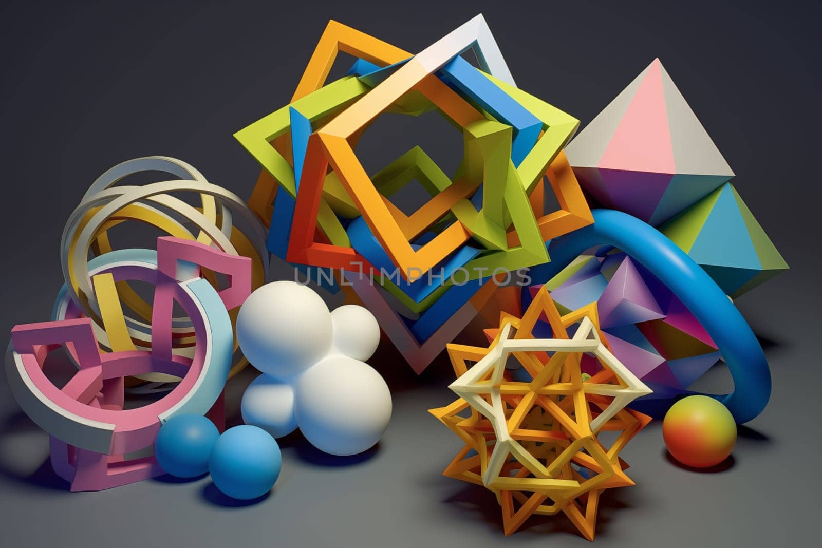 A visually engaging collection of 3D geometric shapes in vibrant colors