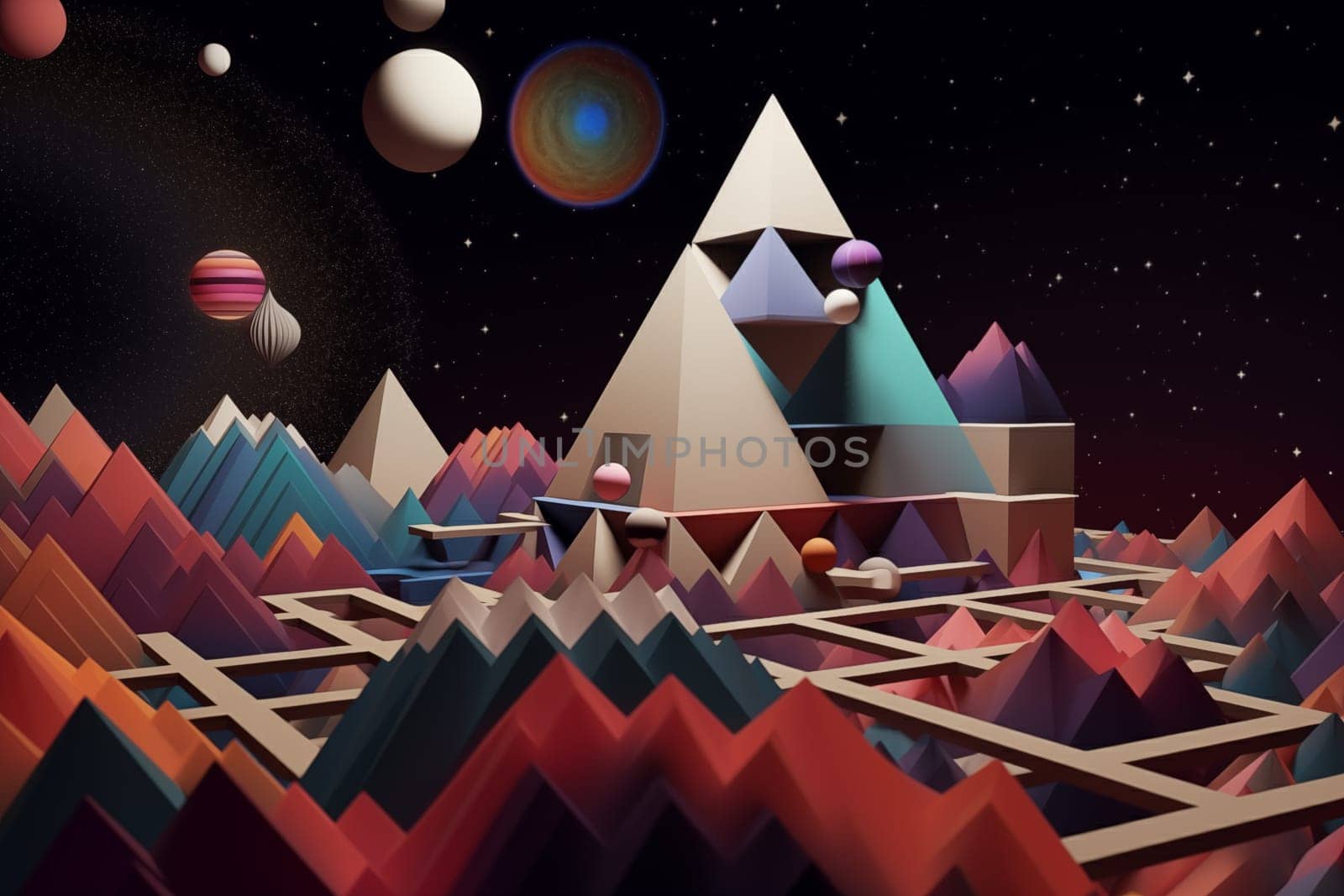 Аbstract geometric shapes and structures with a cosmic and surreal touch, set against starry space backdrops.Abstract Cosmic Geometry