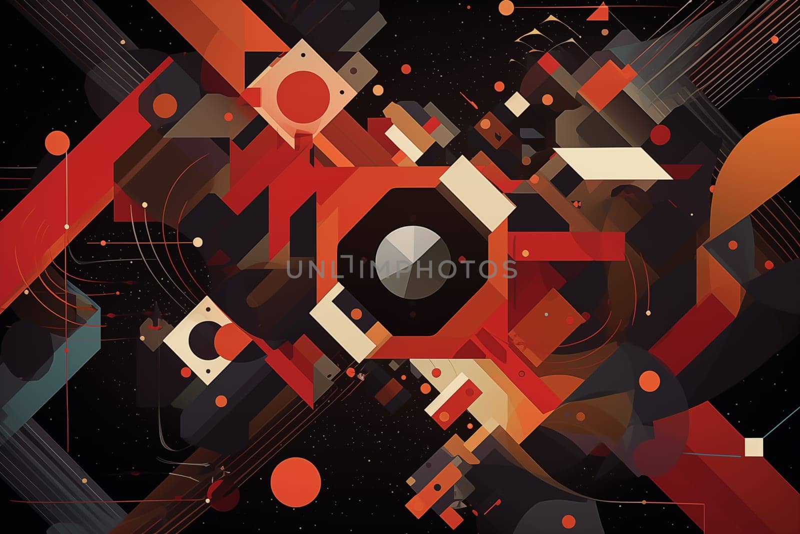 A digital art piece featuring an array of geometric shapes in vibrant colors scattered across a star-studded dark space, creating a sense of chaotic harmony.