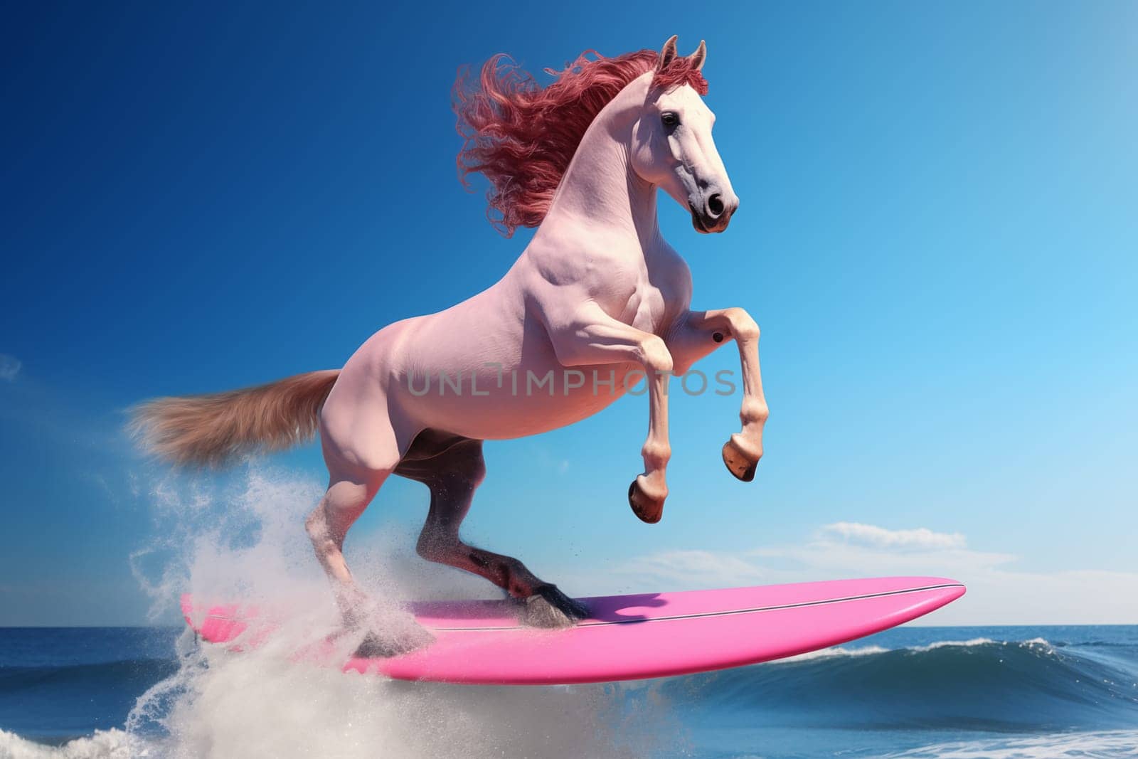 A pink stallion with a flowing red mane performs a dynamic surfing stunt on a pink surfboard against a clear blue sky.