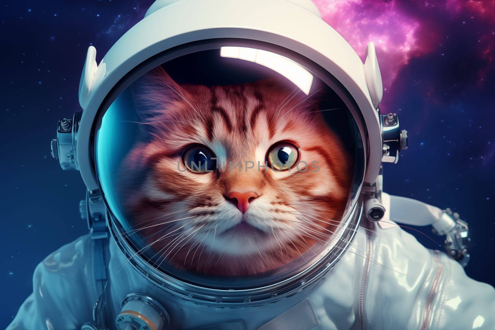 A captivating image of a cat in an astronaut suit with a detailed helmet, against a backdrop of a distant galaxy, embodying exploration and curiosity. Cosmic Feline Astronaut