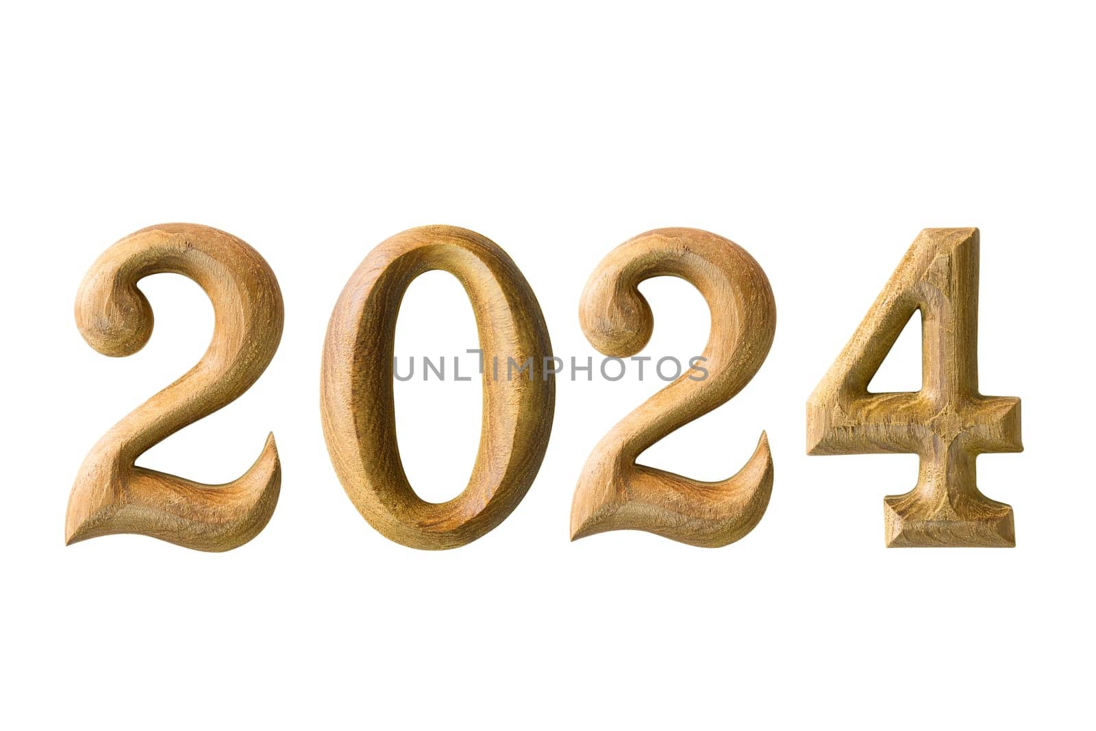 Numbers of year 2024 made by wood isolated on white background by stoonn