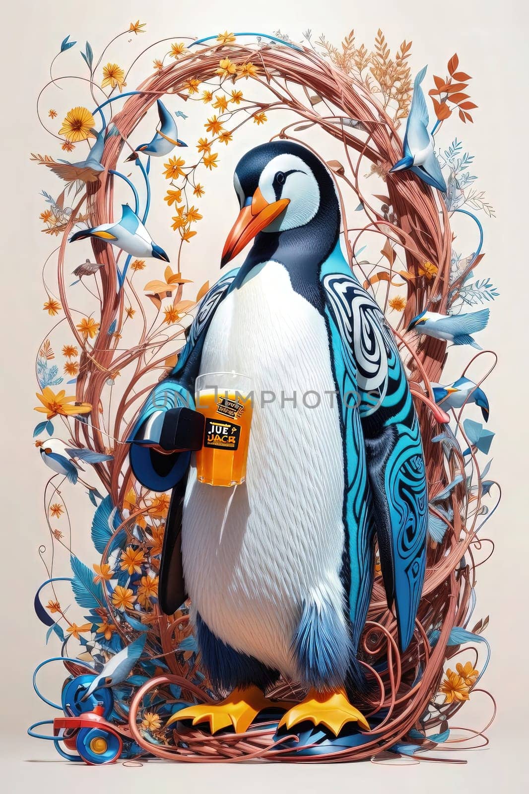 Penguin with a glass of juice in a wreath of flowers with blue birds. AI Generated.