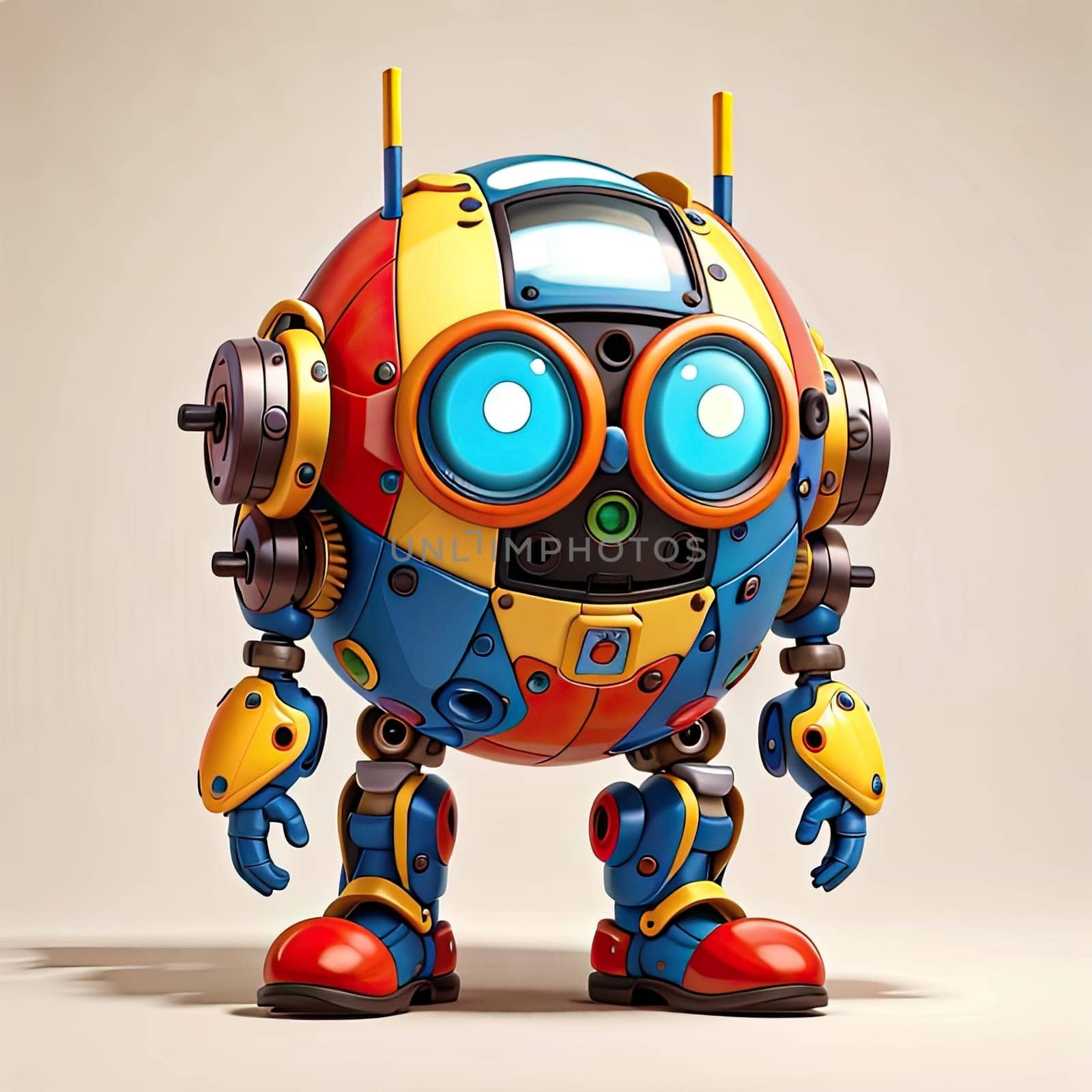 Cartoon robot with headphones on gray background. 3d rendering. AI Generated.
