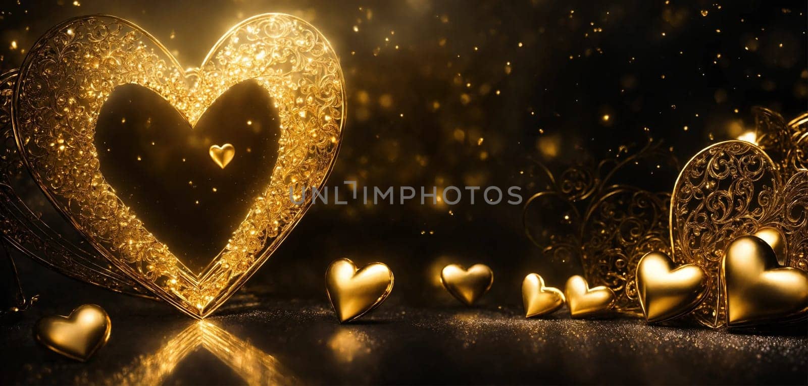 beautiful golden heart on a black background. selective focus. Generative AI, by mila1784