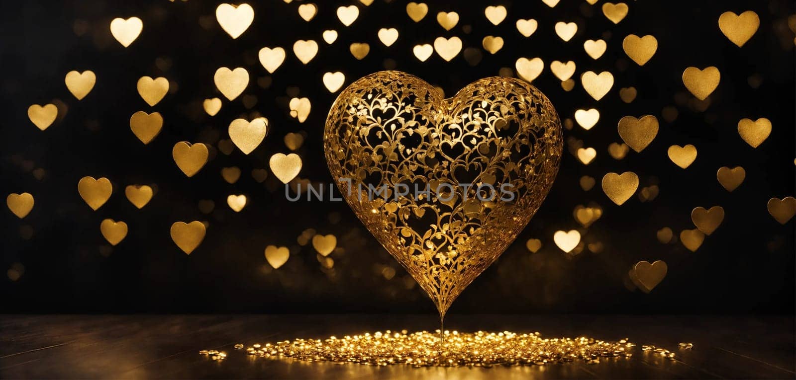 beautiful golden heart on a black background. selective focus. Generative AI, by mila1784