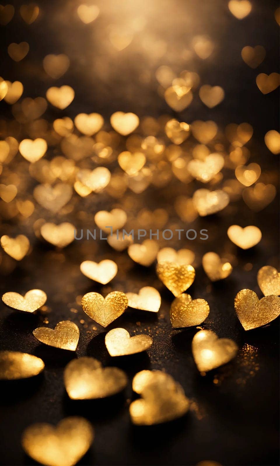 beautiful golden heart on a black background. holidays selective focus. Generative AI,