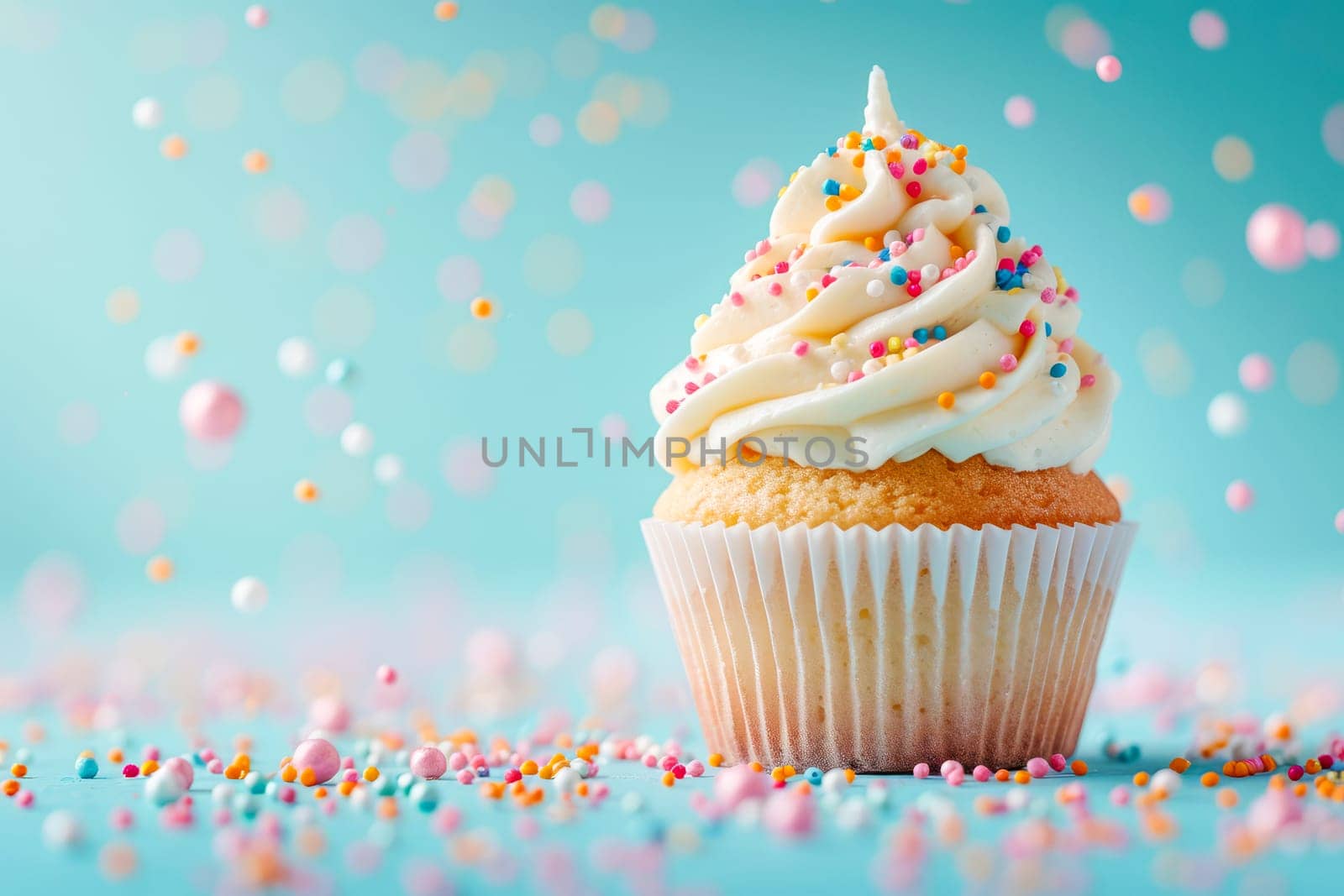 A beautiful cupcake with blue and pink toppings. AI generated.