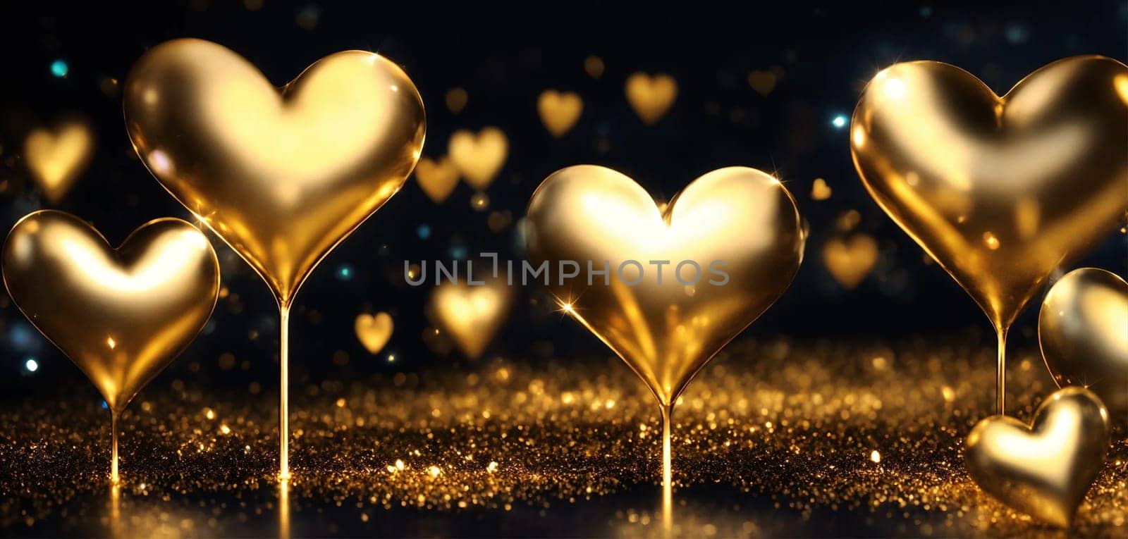 beautiful golden heart on a black background. selective focus. Generative AI, by mila1784