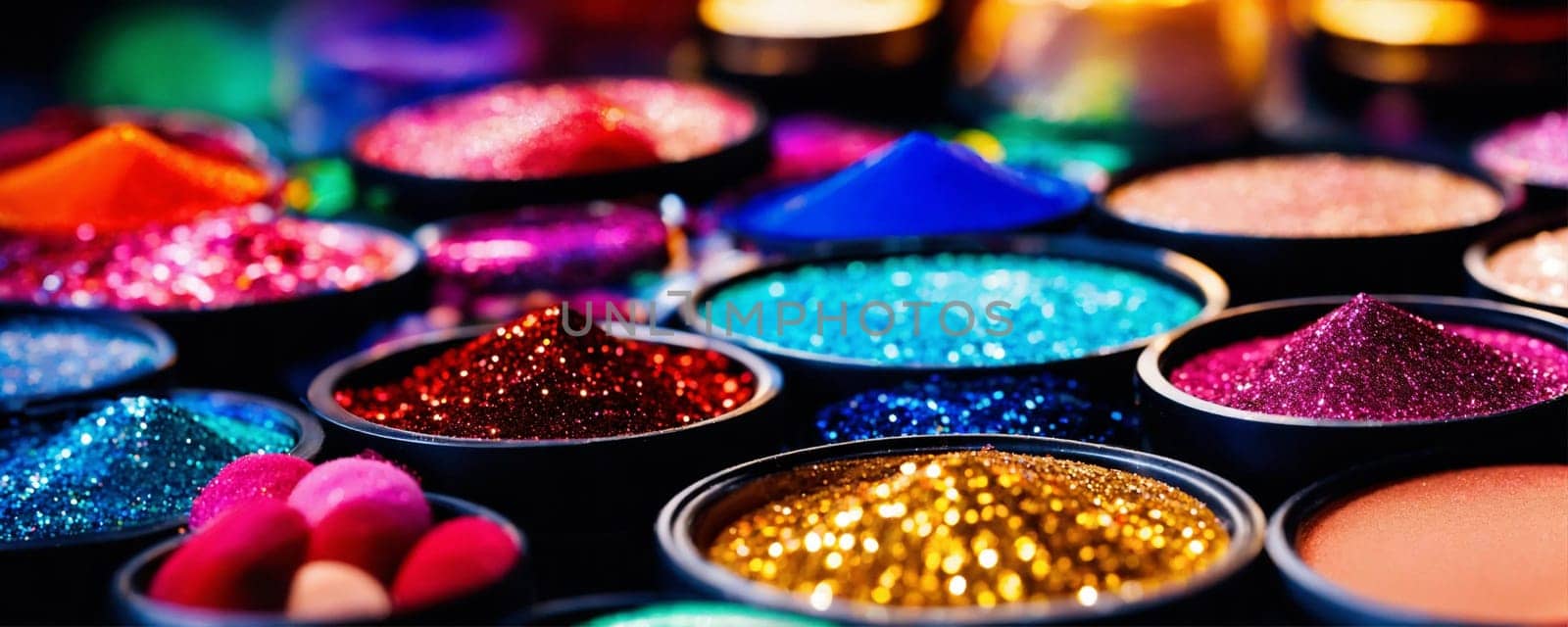 cosmetics glitter and makeup shadows. Selective focus. by mila1784