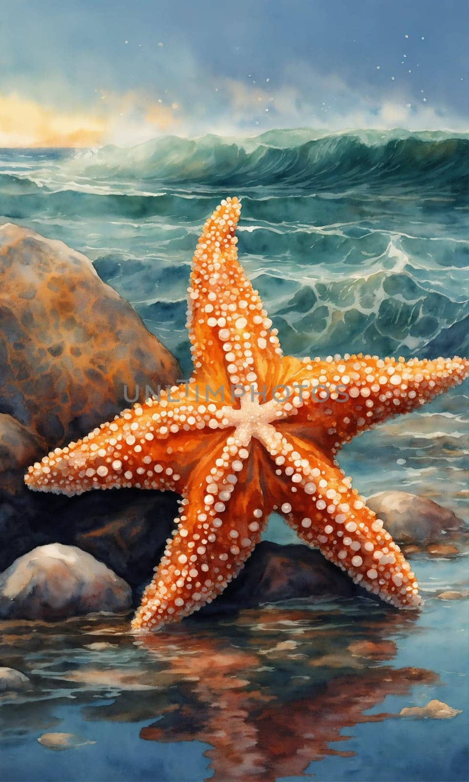 Starfish on the beach in the sea. selective focus. Generative AI, by mila1784