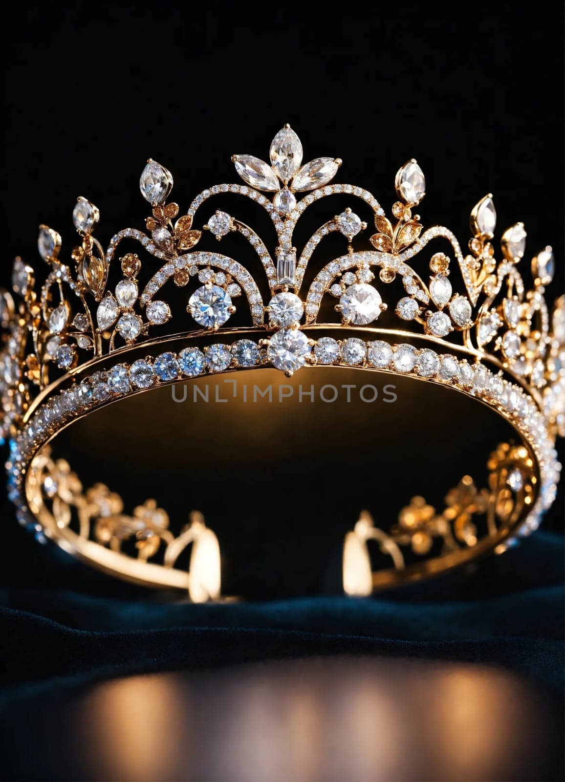 Beautiful silver tiara with diamonds on black background. selective focus. Fashion Generative AI,