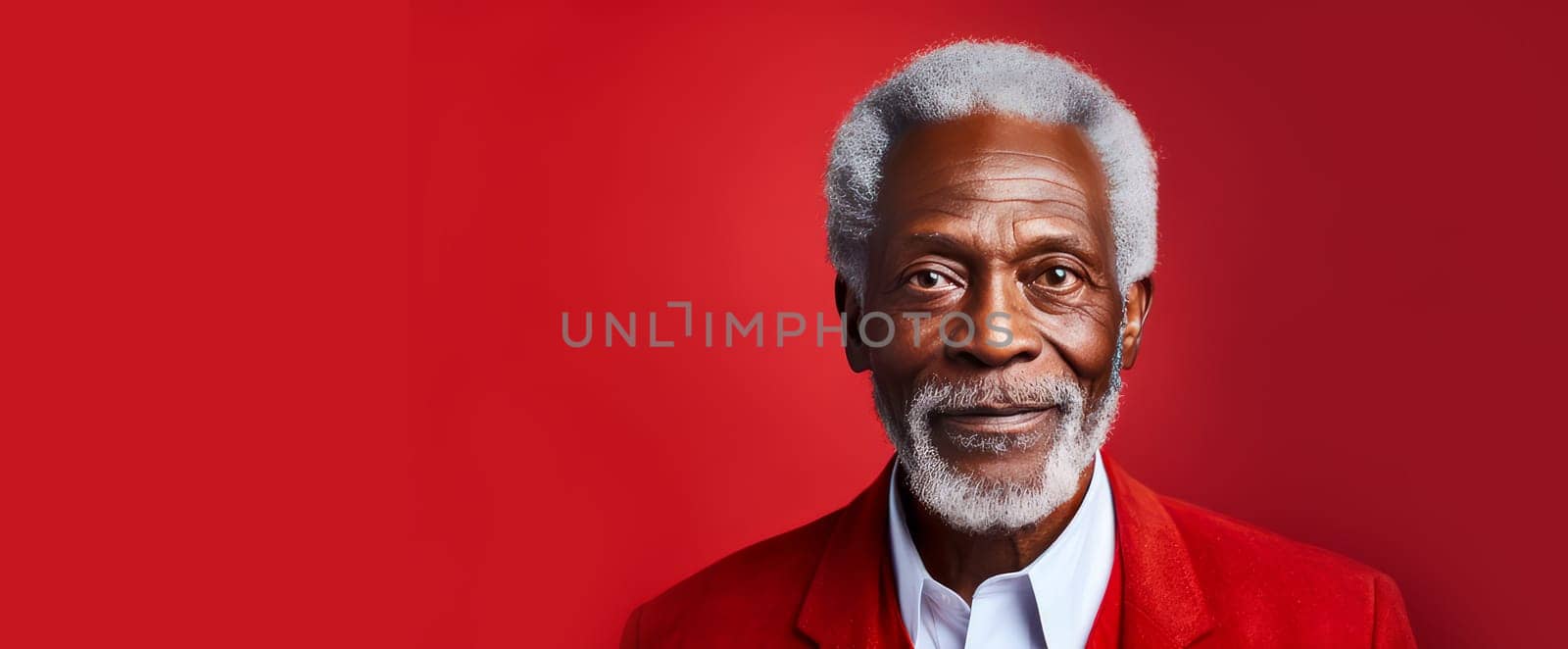 Handsome elegant, elderly African American man, on a red background, banner, close-up, copy space. Advertising of cosmetic products, spa treatments, shampoos and hair care products, dentistry and medicine, perfumes and cosmetology for senior men.