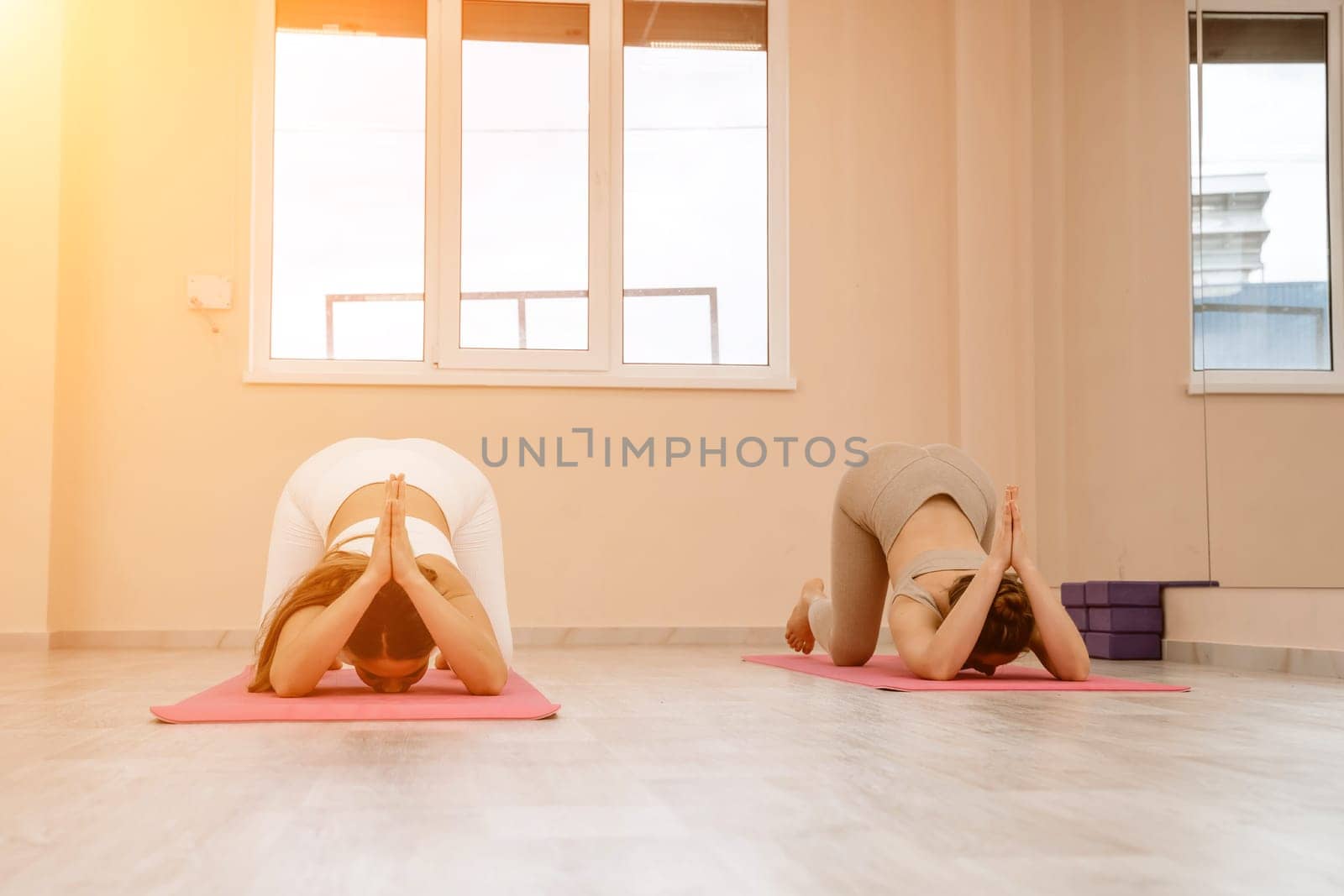 Two beautiful women do yoga, sports in the gym. The concept of grace and beauty of the body