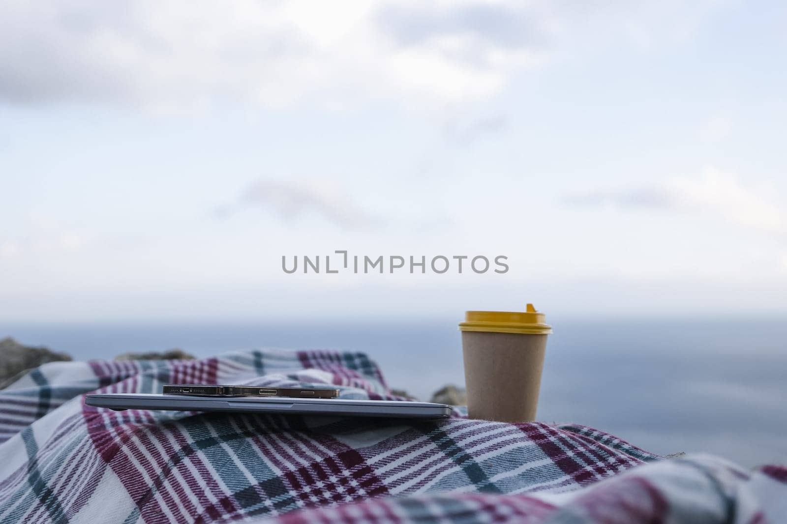 Laptop coffee on blanket with ocean view. Illustrating serene outdoor laptop use. Freelancer enjoying their time outdoors while working or browsing the internet