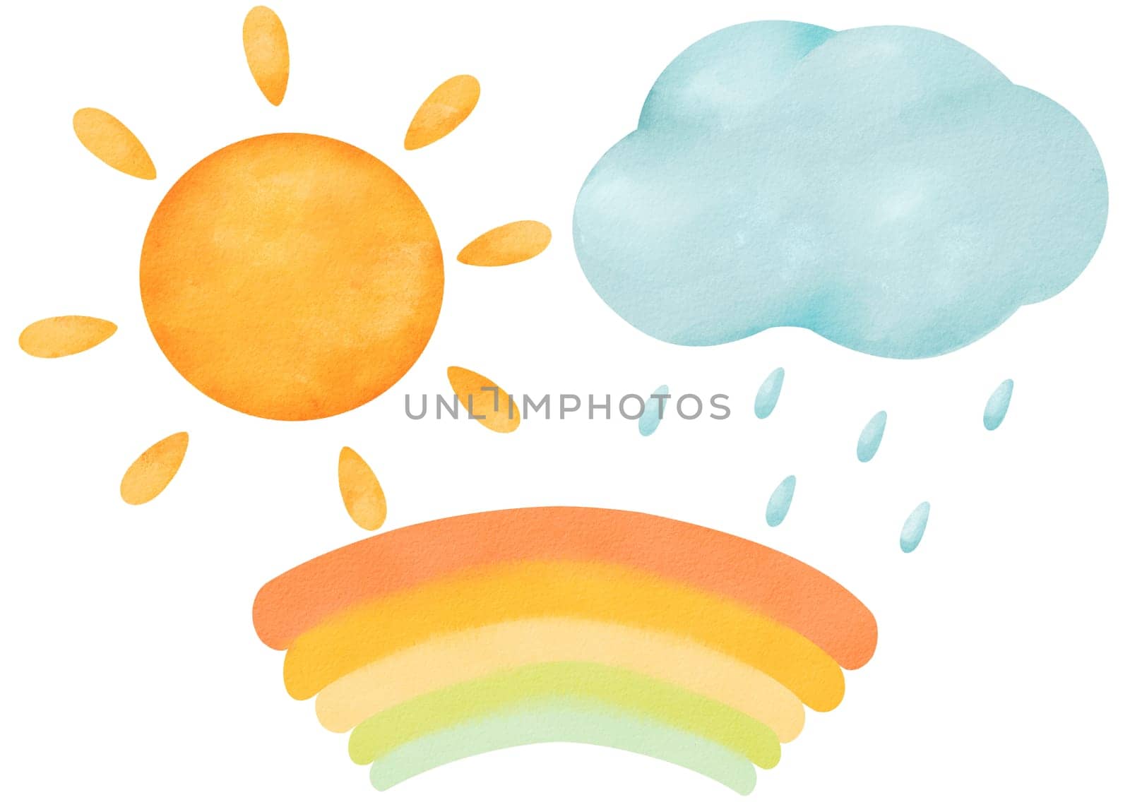 Watercolor set. a bright sun, a rainy cloud, and a colorful rainbow in a cartoon style. for children's books, weather forecasts, greeting cards, and design that needs a dash of joy and nature's beauty.