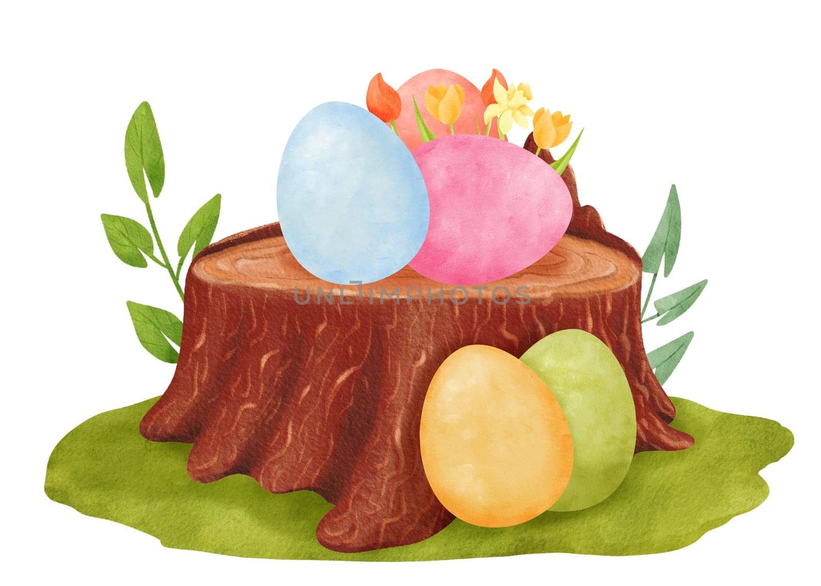 Easter watercolor composition. an old brown stump, delicate green shoots, and an array of colorful eggs. This charming scene is perfect for creating festive and vibrant designs, for cards, prints by Art_Mari_Ka