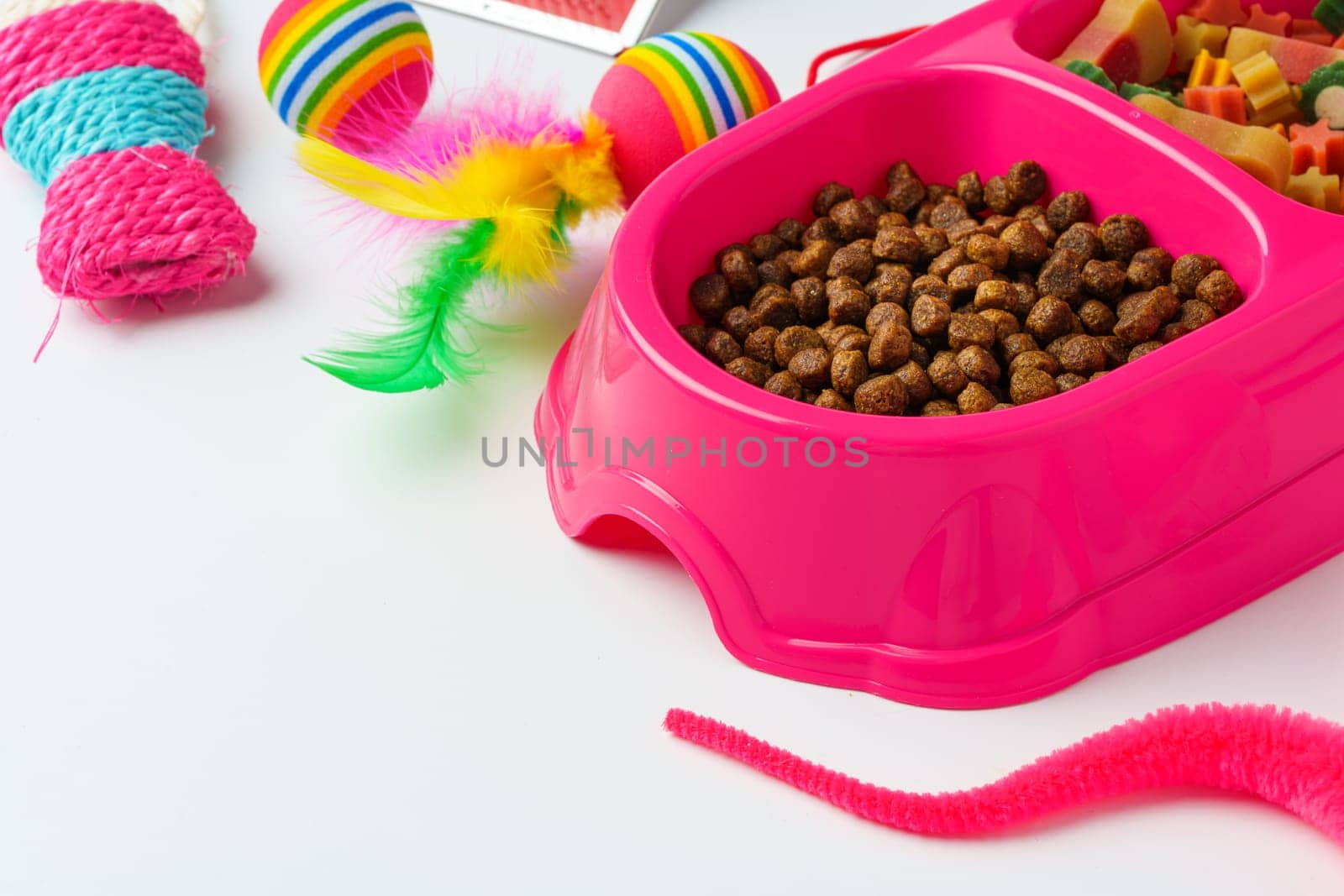 Bowl with dry pet food isolated on white background close up
