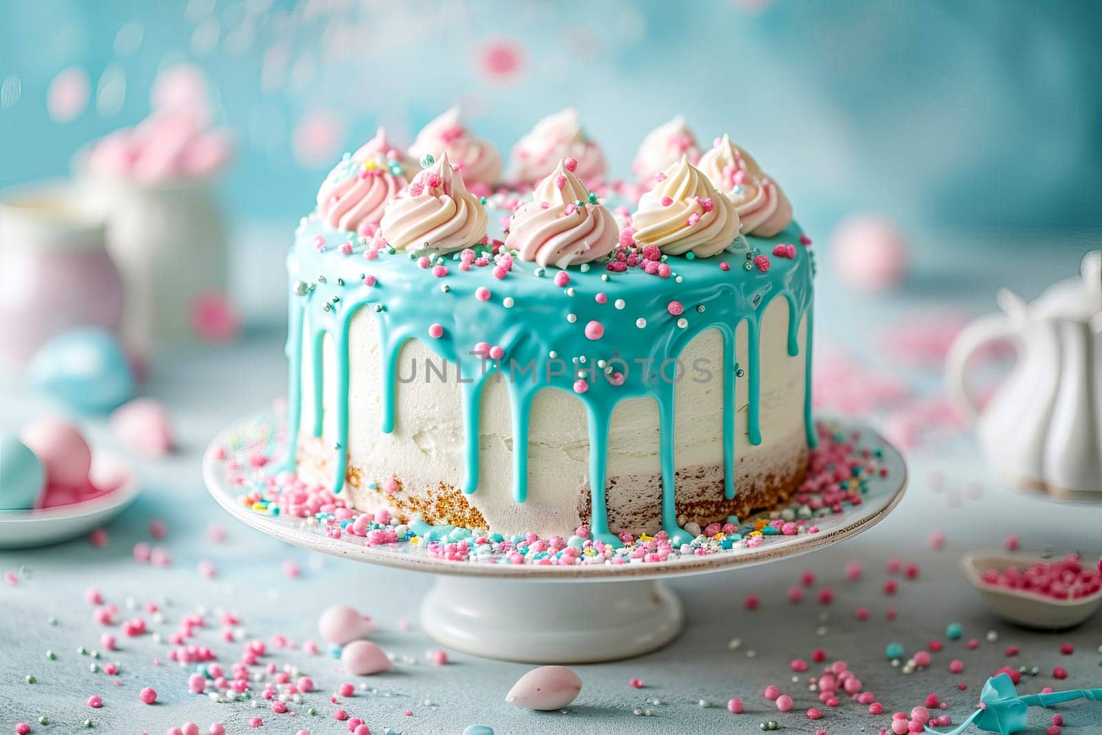 Beautiful cake with cake sprinkles in blue and pink colors. AI generated by OlgaGubskaya