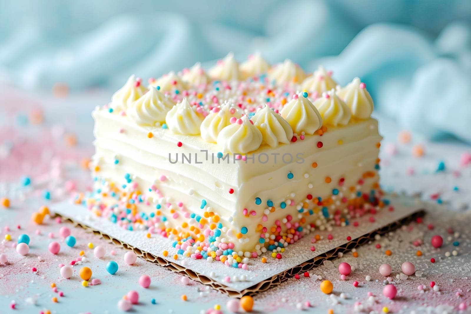 Beautiful cake with cake sprinkles in blue and pink colors. AI generated by OlgaGubskaya