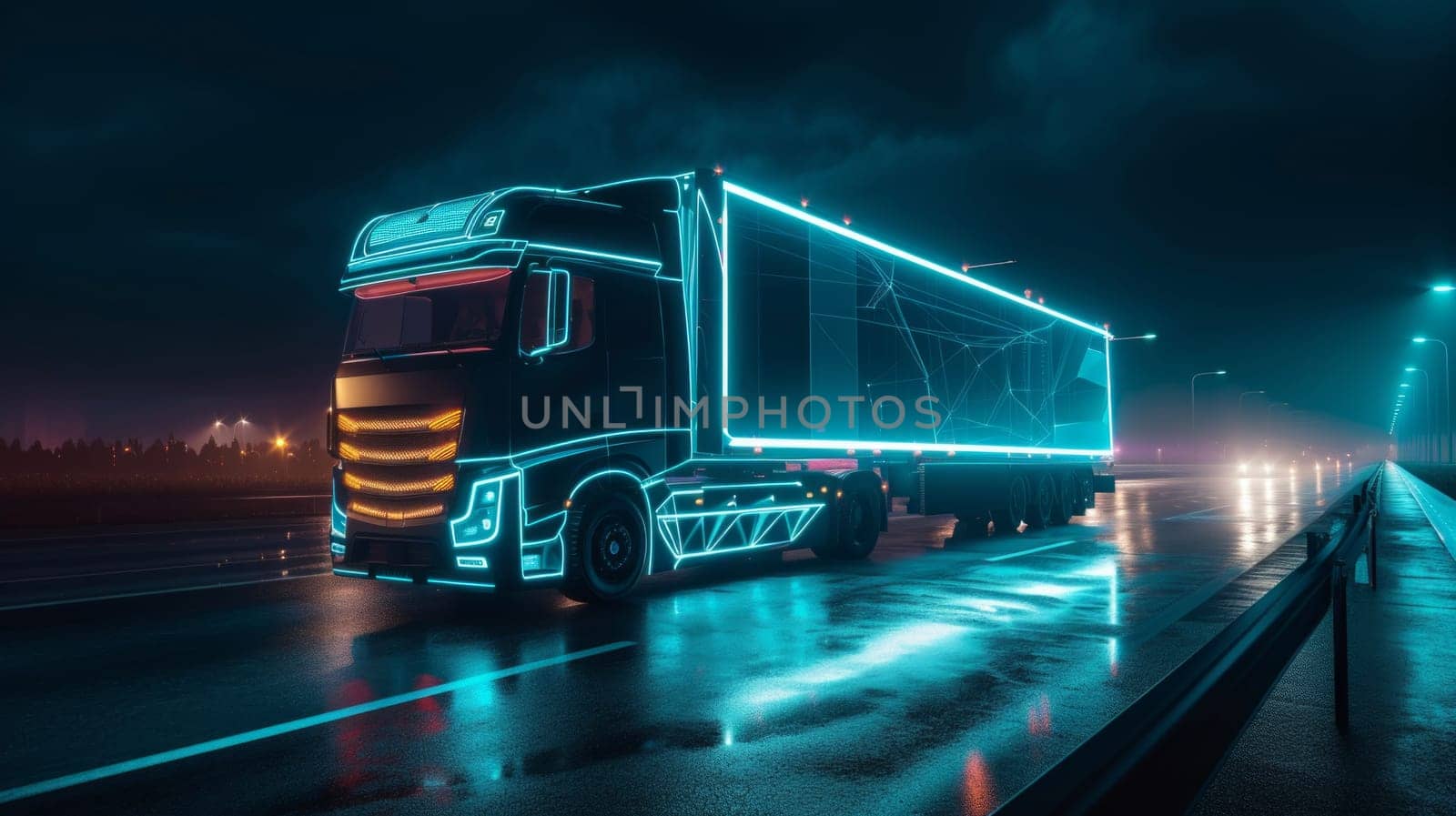 Futuristic cargo truck in blue lights on highway at night. Electric and sustainable transport concept.