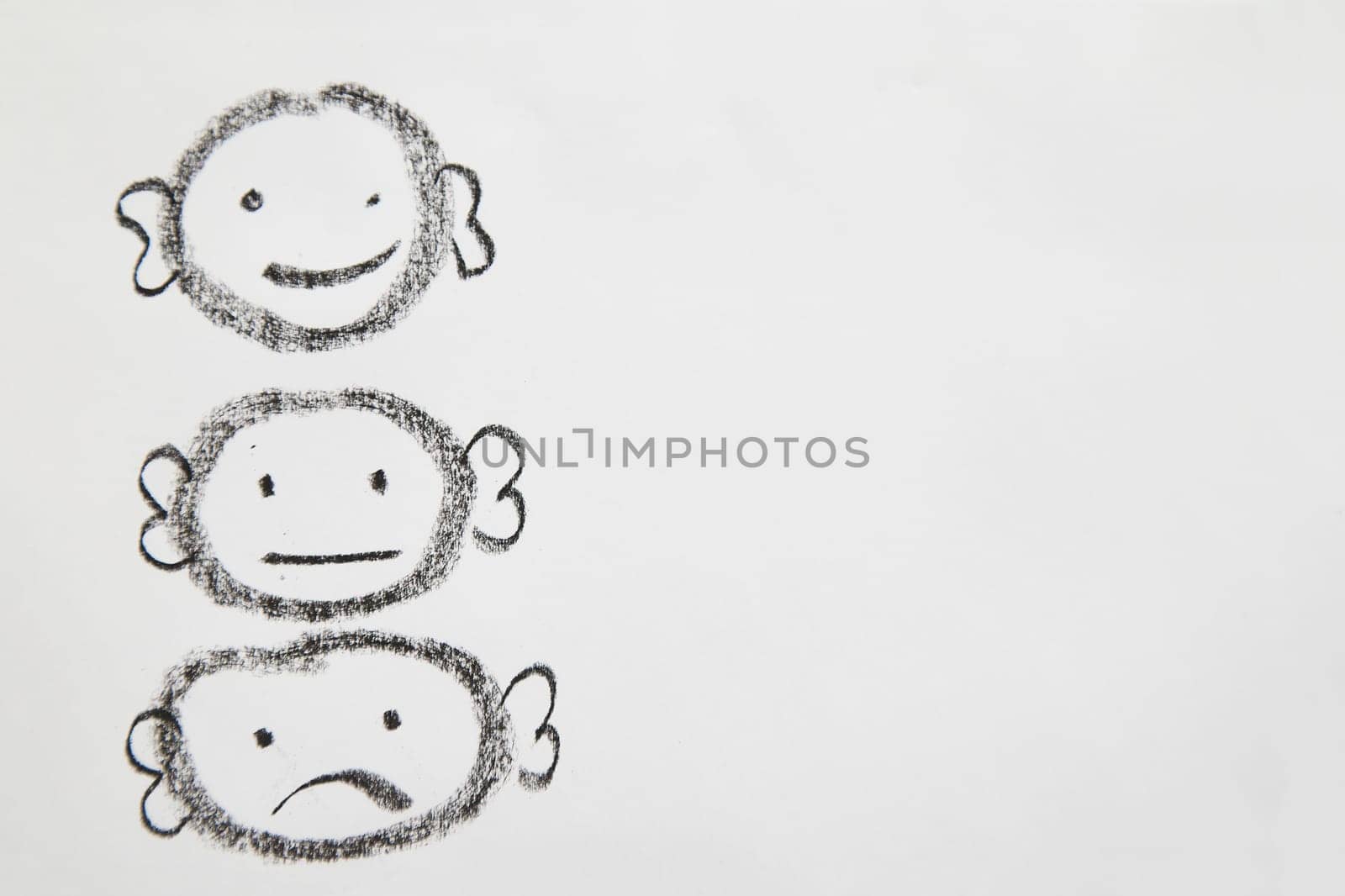 Concept for positive attitude with hand drawn faces on white background. Psychology, emotion, smiley face, place for text and copy space