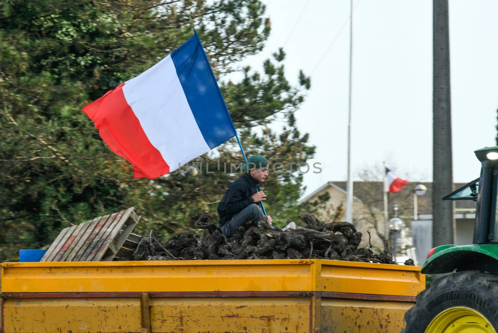 France, Bordeaux, 29 January 2024, Farmers' demonstration, blockade of the Langon toll plaza and snail mail operation on the A62 motorway. High quality 4k footage