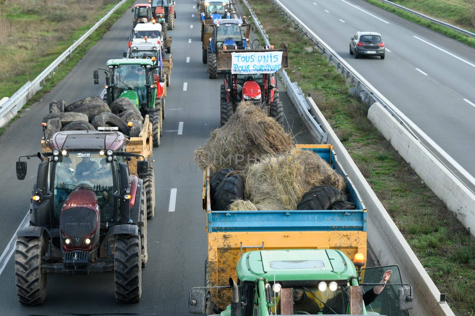 France, Bordeaux, 29 January 2024, Farmers' demonstration, blockade of the Langon toll plaza and snail mail operation on the A62 motorway. High quality 4k footage